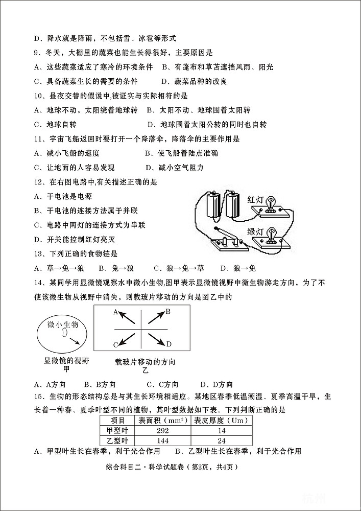 2010年杭州市江干区初中新生入学统测卷科学