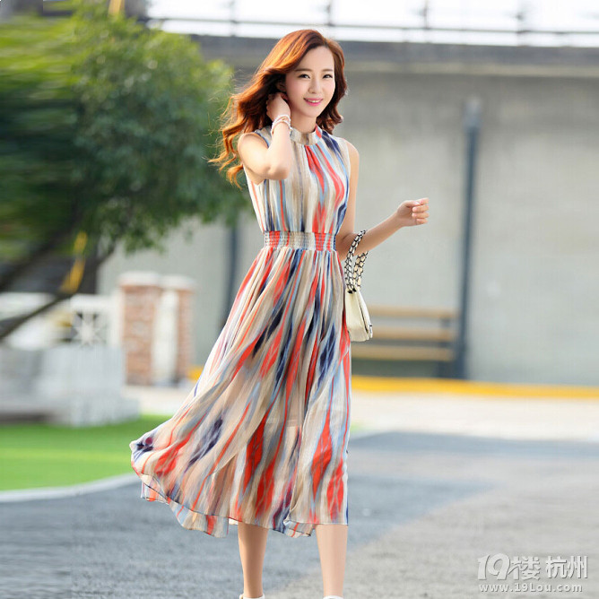 2015夏季新款波西米亚长裙套头中高腰条纹雪纺连衣裙-Shopping帮-杭州19楼