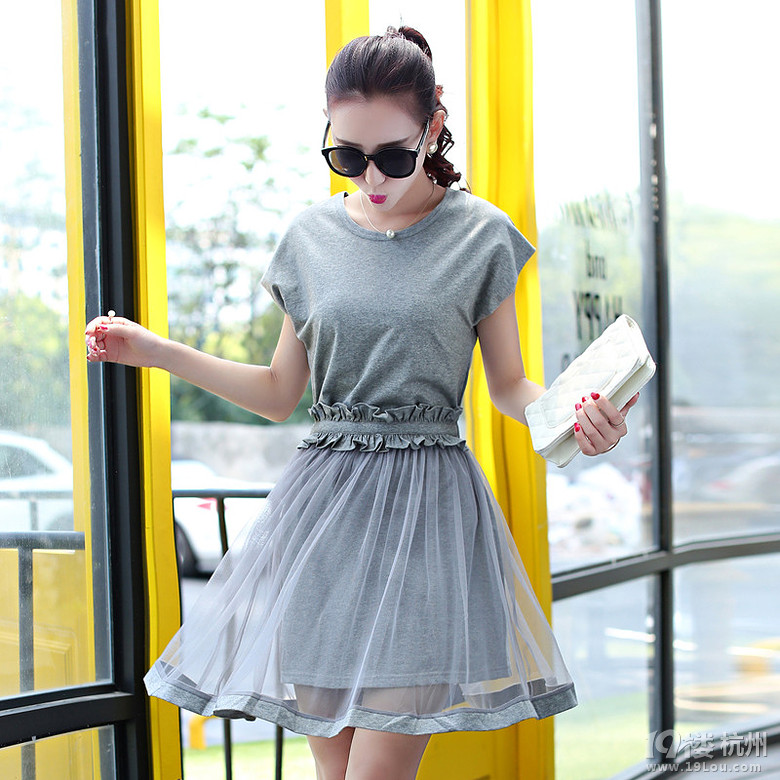 2015夏季新款韩版显瘦女装短袖针织网纱连衣