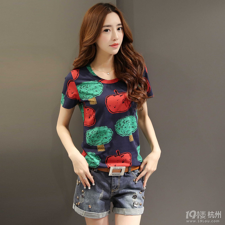 <em>2015</em>夏季新款女装时尚<em>印花</em>圆领短袖牛仔<em>短裤</em>