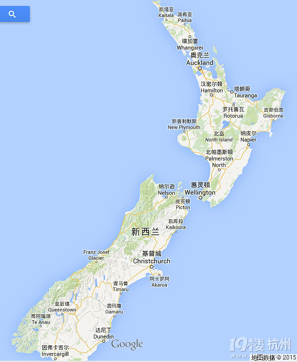 新西兰地图,该国主要由北南两个大岛组成.图片