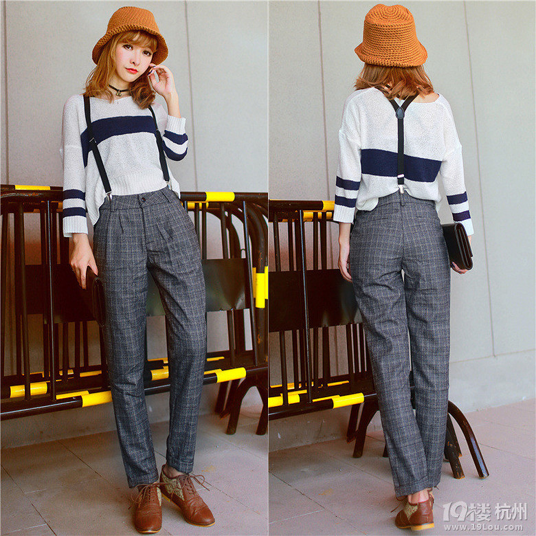 2015秋女厚格子棉布配背带直筒裤-Shopping帮