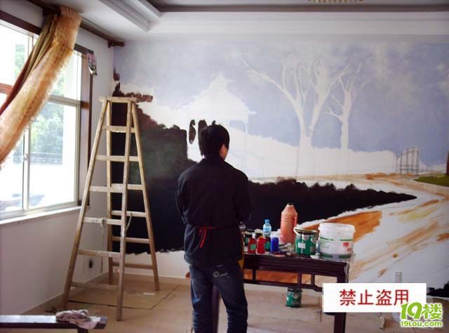 油画国画风景墙绘各一张,带步骤-装修日记-杭州