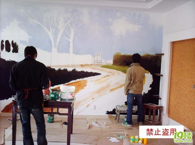 油画国画风景墙绘各一张,带步骤-装修日记-杭州