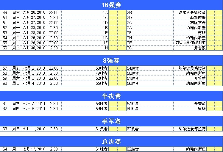 2010世界杯完全赛程表--北京时间-复兴足球俱
