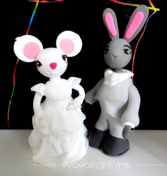 捏泥新作---兔子新郎和老鼠新娘(送朋友的结婚