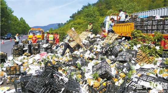 一辆重型货车侧翻在高速 车上20吨菠萝倾倒在