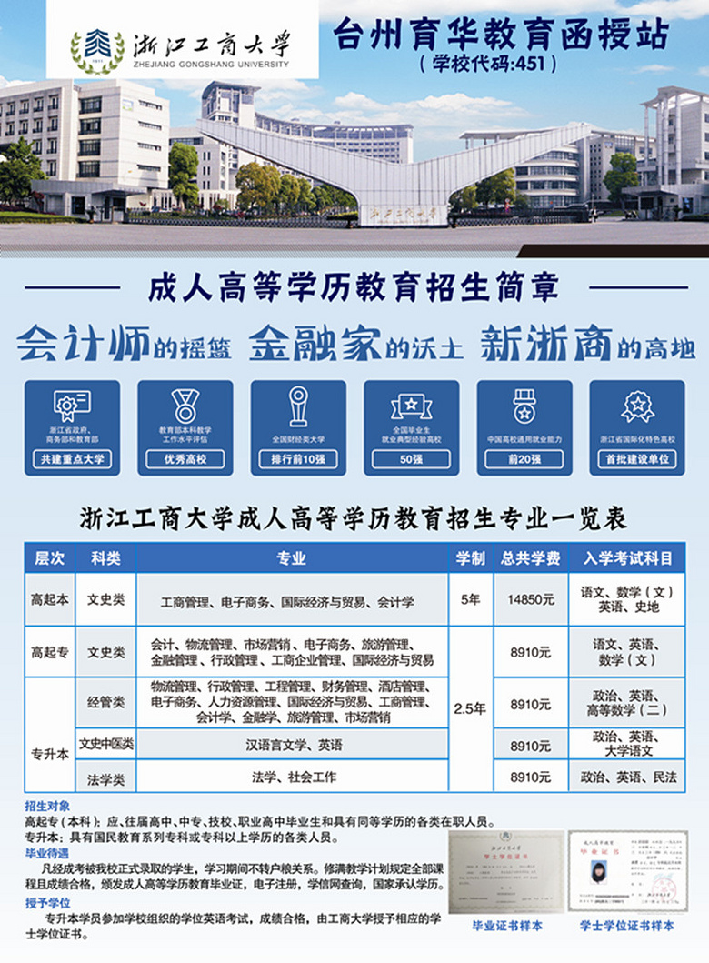 温岭成人教育网络教育中专大专本科招生