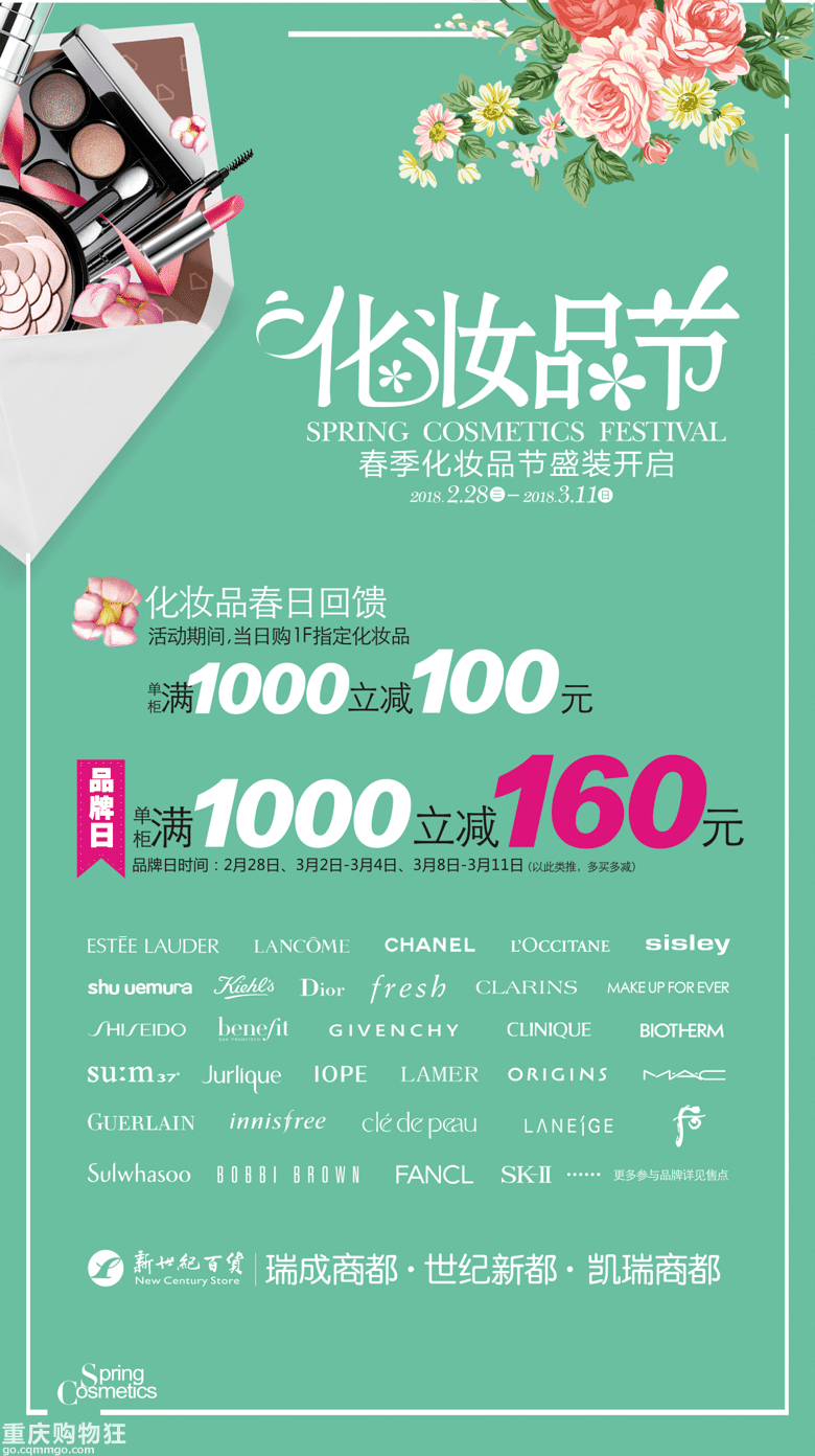新世纪百货三大商都春化节开始啦 化妆品满1000省160 优惠到哭 潮流消费 重庆购物狂