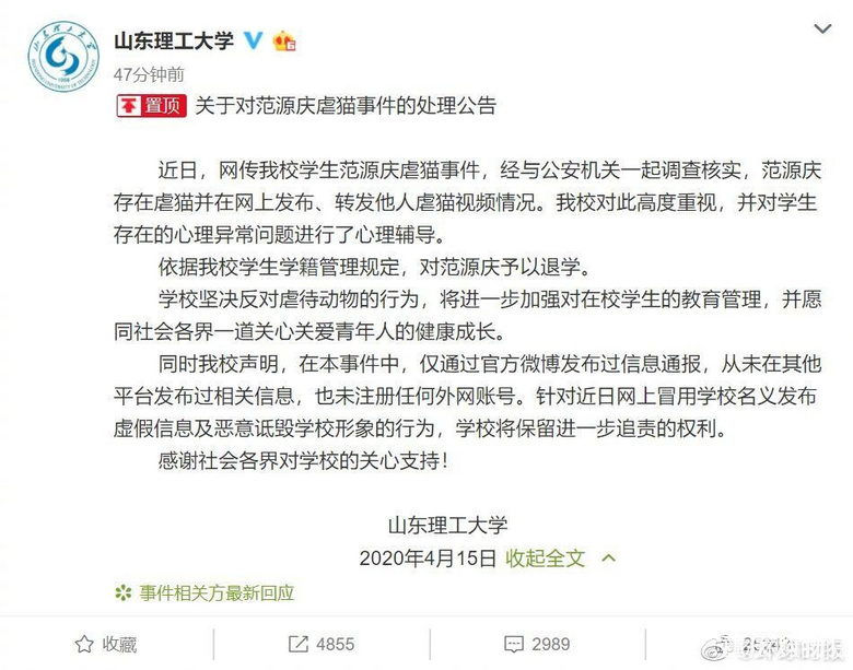 山东理工大学虐猫事件学生被退学 为学校点赞 重庆杂谈 重庆购物狂