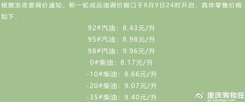 95号汽油在经历10元时代、9元时代后，明天终于重返8元时代
