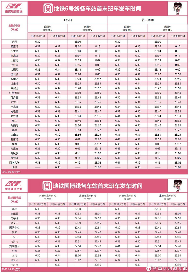 重庆轻轨6号线最早几点，重庆地铁6号线首末车时间