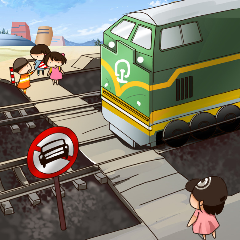 16·铁路道口,火车在开,一个管理人示意行人停止通行,小姑娘站在铁轨