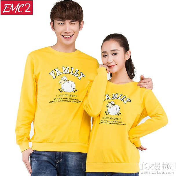 19.9元包邮2015秋装新全棉亲子装emc2韩版圆领植绒印花情侣单卫衣