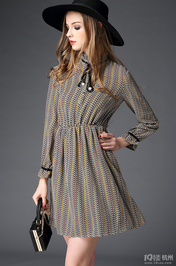 2016春季新品欧美女装时尚九分袖收腰连衣裙