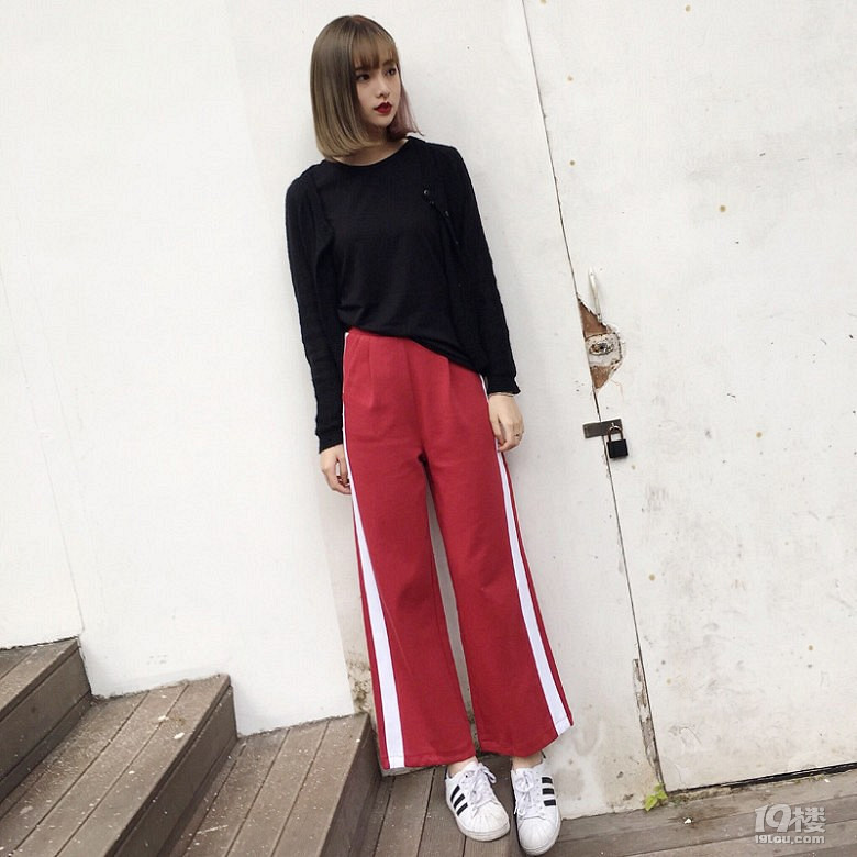2017春季新款韩版学生拼色休闲运动裤女长裤宽松显瘦直筒裤