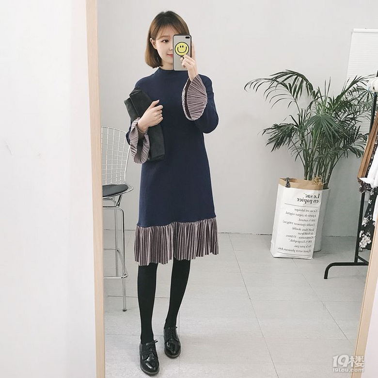 川羽 2017春季新款女装百褶裙套头中长裙棉高腰圆领拼接连衣裙