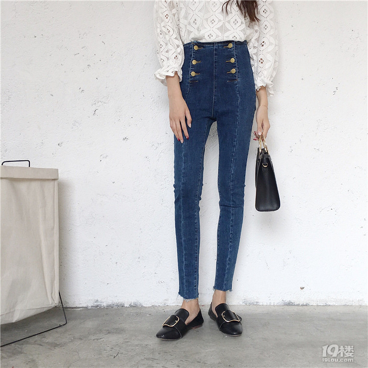 2017春季新款潮休闲女装长裤单排扣宽松牛仔裤纽扣高腰水洗铅笔裤
