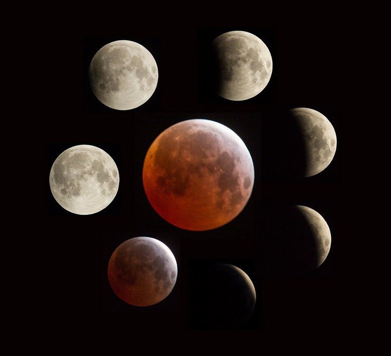 原本的银色月光会变成红色的; 21:30 月亮到达本影的最内侧(食甚 22