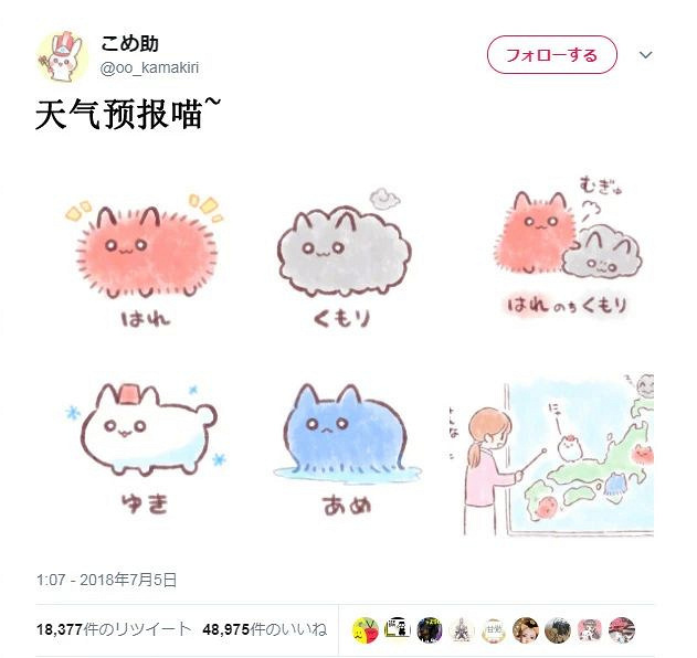 日本漫画家把天气预报符号画成猫,这样的天气