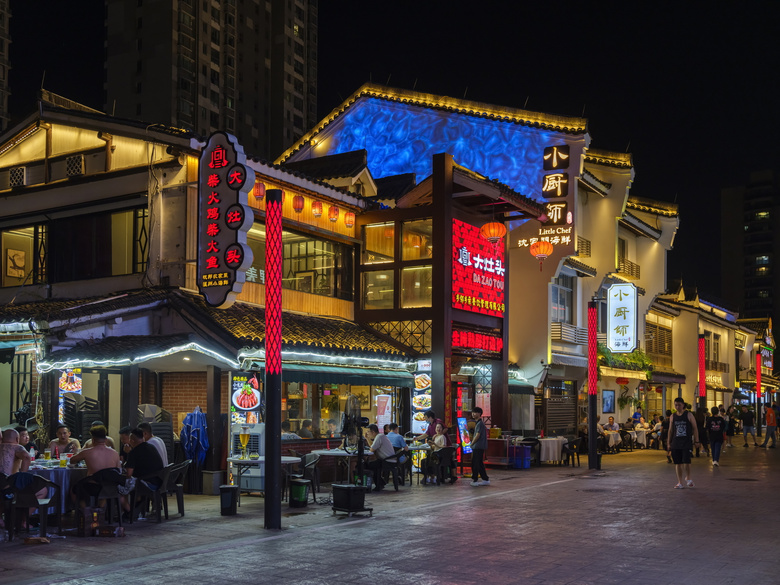 杭州胜利河美食街夜晚街景实景