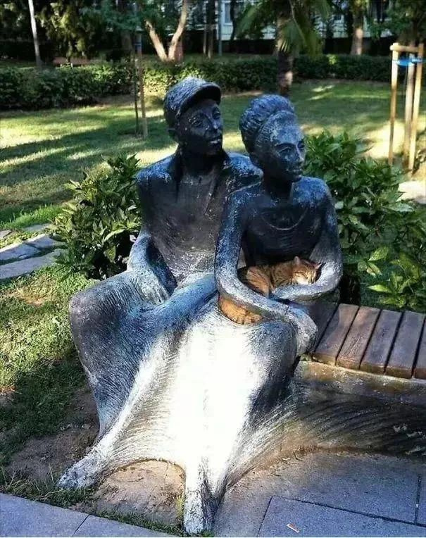 流浪貓蜷縮在雕像懷里,睡得一臉安逸:“貓貓我啊,終于有人抱了