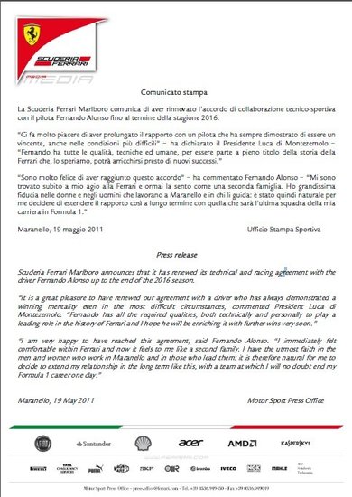 阿隆索与法拉利续约五年 声称将在红魔退役