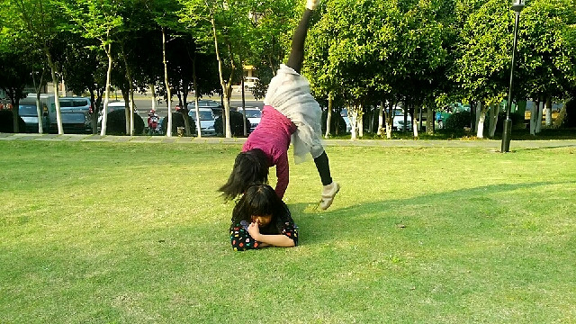 绿茵茵的草坪上俩个可爱的小精灵在尽情地玩耍